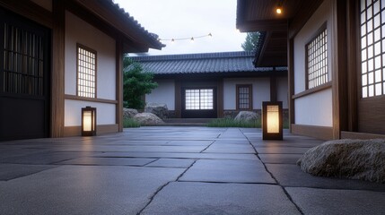 Obraz premium The small indoor patio features a black wooden table surrounded by flower pots, illuminated by string lights and lanterns, creating a warm ambiance