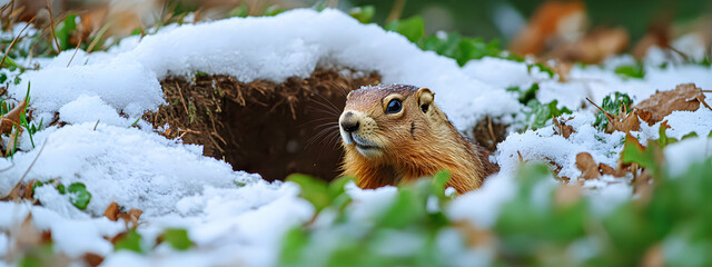 The groundhog crawled out of his hole, the snow melted, spring came - Groundhog Day. Groundhog Day concept