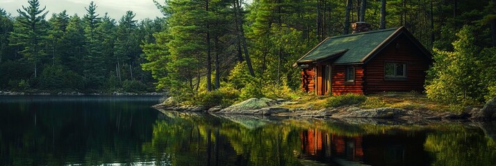 Obraz premium cabin by the lake in the woods, summer 