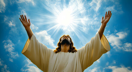Jesus prays with hands raised to heaven, radiating peace and holiness, against the sky, a replica of space. Concept Religion.