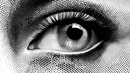 Halftone-style detailed human eye illustration.