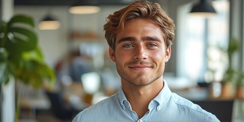 Fototapeta premium young businessman confidently standing in a modern office, smiling at the camera, representing a stylish and elegant CEO, leading with professionalism and corporate success