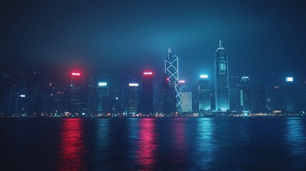 Obraz premium Night city skyline with metallic bar graph rising between skyscrapers.