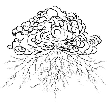 recommend clip art: Clouds lightning discharges, Lightning between clouds and ground, Strokes of cloud to ground lightning strike realistic contour, outline lines drawn on a white background