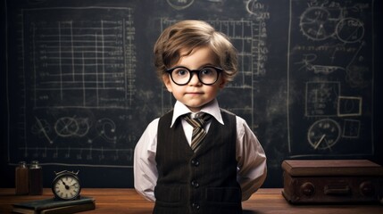 Teen Boy in glasses, blackboard background in school room. Neural network ai generated art