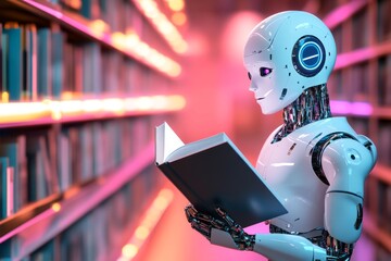 Fototapeta premium Robot Reading Book in Futuristic Library