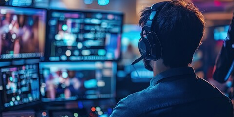 News broadcast with on-air anchor on set - traditional television news station concept