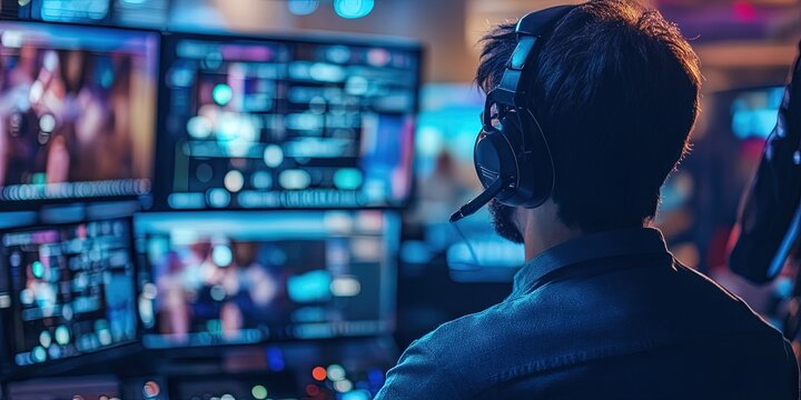 News broadcast with on-air anchor on set - traditional television news station concept