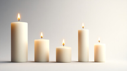 Five white candles with flames on a soft, serene background.