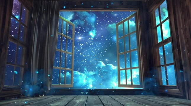 A cozy room with an open window framing a starry night sky and a breathtaking fantasy landscape, inviting a sense of wonder and tran Seamless looping 4k time-lapse virtual video animation Generated AI