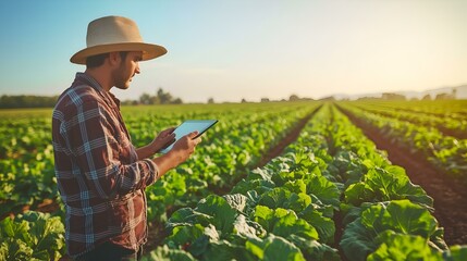 The agronomist is holding a tablet documenting data Inspecting Vegetable Plants