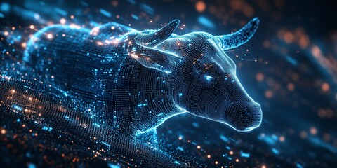 bull market stock graph in a futuristic digital style with blue tones, depicting stock trading, financial growth, and market trends, using cutting-edge technology to predict investment opportunities