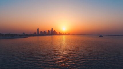 Night city skyline with metallic bar graph rising between skyscrapers.