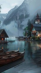 Obraz premium Serene lakeside escape wooden boats, charming homes, and misty mountains in tranquil harmony