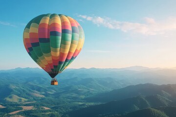 Obraz premium Vibrant Hot Air Balloon Soaring Over Lush Green Mountains and Valleys