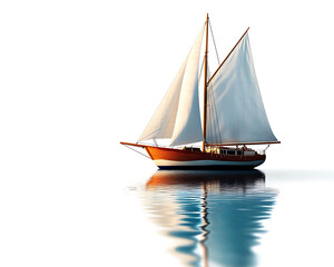Fototapeta premium Sailboat with white sails on calm waters, white isolate background.