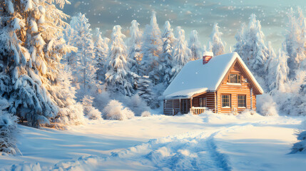 Naklejka premium Cozy snow covered winter cottage in snowy pine forest landscape. Snowy Pine Forest. Illustration