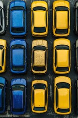 Row parked cars in yellow and blue, organized neatly in a lot.