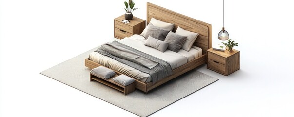 Rustic bedroom isometric 3D render with a wooden bed frame and matching nightstands, floor plan on white.