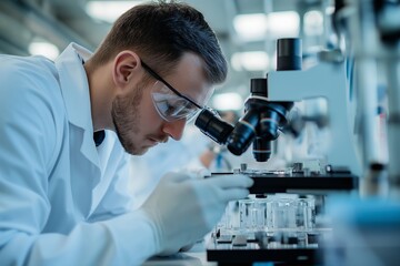 A focused scientist studies samples using a microscope in a lab environment, showcasing scientific research work.