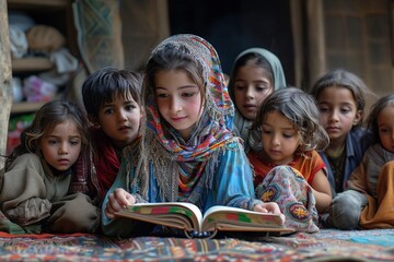 A group of people engaging in acts of care such as reading to children