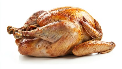 Roasted turkey ready for Thanksgiving dinner, beautifully isolated on a white background, showcasing its golden-brown skin and festive appeal.