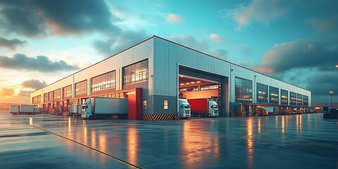 logistic business facility including transport warehouse and factory with dock station and commercial office building designed for efficient distribution and cargo operations in the supply chain