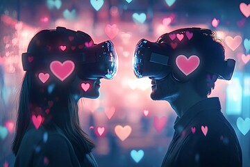 Man and a woman are wearing vr headsets and experiencing a romantic virtual date, with digital hearts floating around them