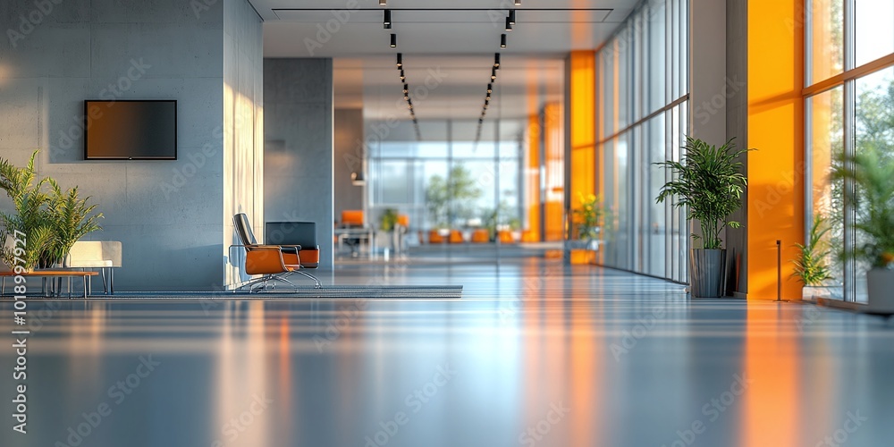 Wall mural gray-toned modern office with panoramic windows and glass partitions showcasing a blurred background