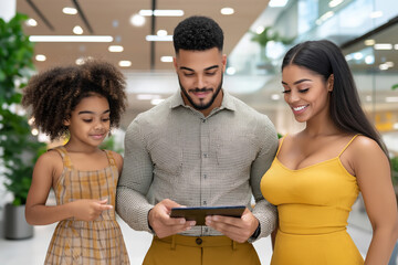 Family, father, mother, daughter, looking at tablet, indoor setting, smiling, diverse, casual outfits, educational moment, technology, diversity concept