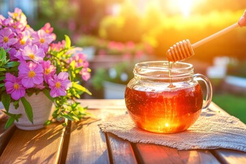 Honey Jar and Vibrant Flowers in a Sunlit Garden