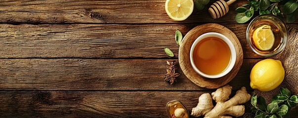 Soothing scene warm ginger, lemon, and honey tea with spices, set on a wooden table, known for its health benefits.