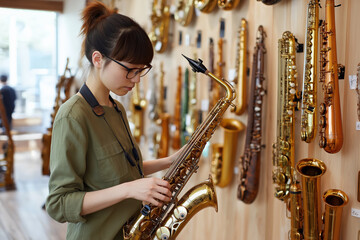Young woman choosing saxophone in music store, surrounded by variety of brass instruments, sax selection process, instrument shopping concept