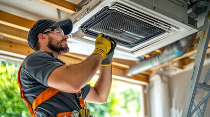 Repairman Climbing Ladder: A detailed shot of a repairman wearing protective gloves and a cap, climbing a ladder with a tool belt around his waist.