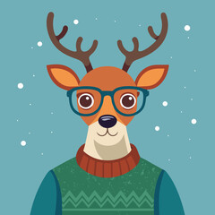  deer wearing sweater and hipster glasses; modern style; black and white, view from side high angle