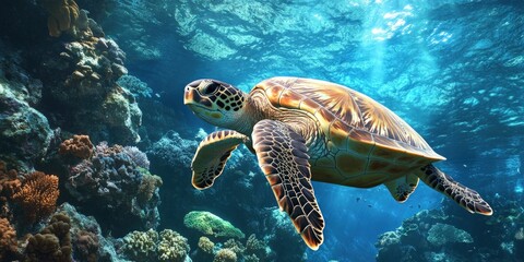 Obraz premium A sea turtle swims gracefully through a vibrant coral reef, sunbeams illuminating the water.