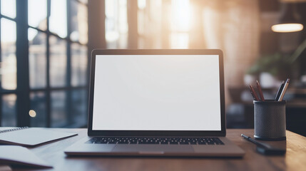 Fototapeta premium Minimalist Desk Setup with Blank Laptop Screen and Office Supplies in Soft Natural Lighting