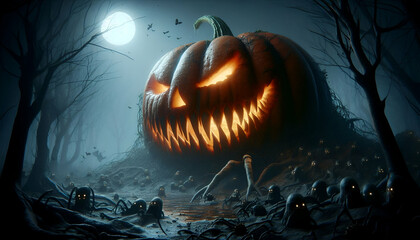 Realistic giant pumpkin monster with sharp teeth and bright eyes emerging from a dark swamp. 