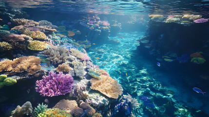 Fototapeta premium Expansive aerial shot of a vibrant coral reef in crystal-clear waters, with colorful corals and schools of fish visible beneath the surface. hyperrealistic photo. Coral Reef Lagoon. Illustration