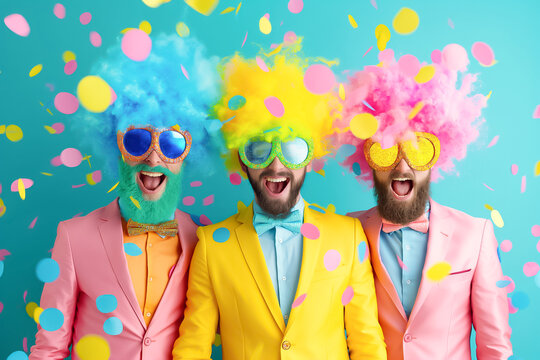 Four spirited individuals, two men and two women, dressed in brightly colored outfits, are joyfully collaborating, surrounded by vibrant confetti and playful energy