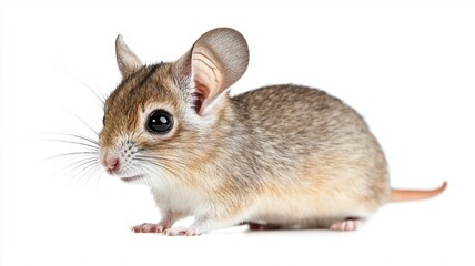 Fototapeta premium A cute small mouse with big ears stands alert on a white background, showcasing its vibrant fur and adorable features