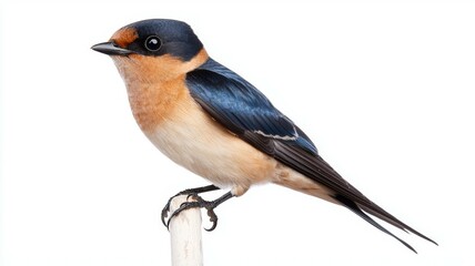 Fototapeta premium A close-up view of a vibrant barn swallow perched on a white pole against a light background
