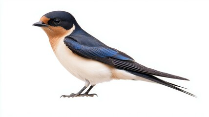 Fototapeta premium Eurasian barn swallow perched gracefully with its colorful plumage on display against a white background