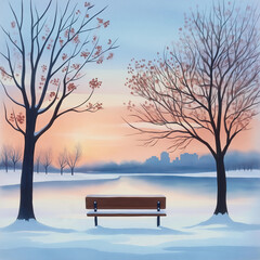 Obraz premium Wooden bench in snowy park at sunrise with city skyline and trees 