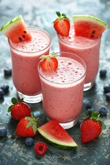 Two strawberry smoothies with watermelon slices, embodying the freshness summer.