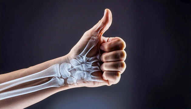X-ray of a hand with the thumb pointing upwards