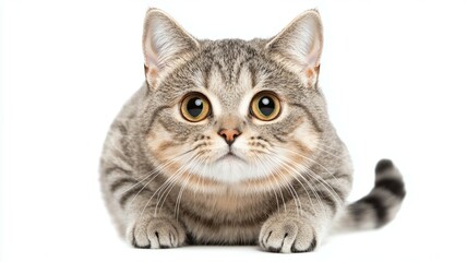 Curious gray tabby cat gazing intently at the camera with wide eyes on a plain white background