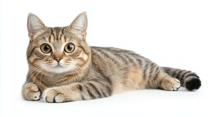 A playful tabby cat resting on a clean white surface in a bright indoor setting during the day