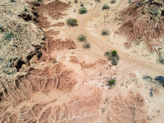 Aerial photograph of tatacoa desert in south america. Distinctive structure of red and yellow sandstone