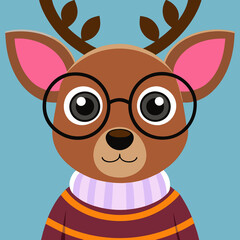 deer wearing sweater and hipster glasses; modern style; black and white, view from side high angle